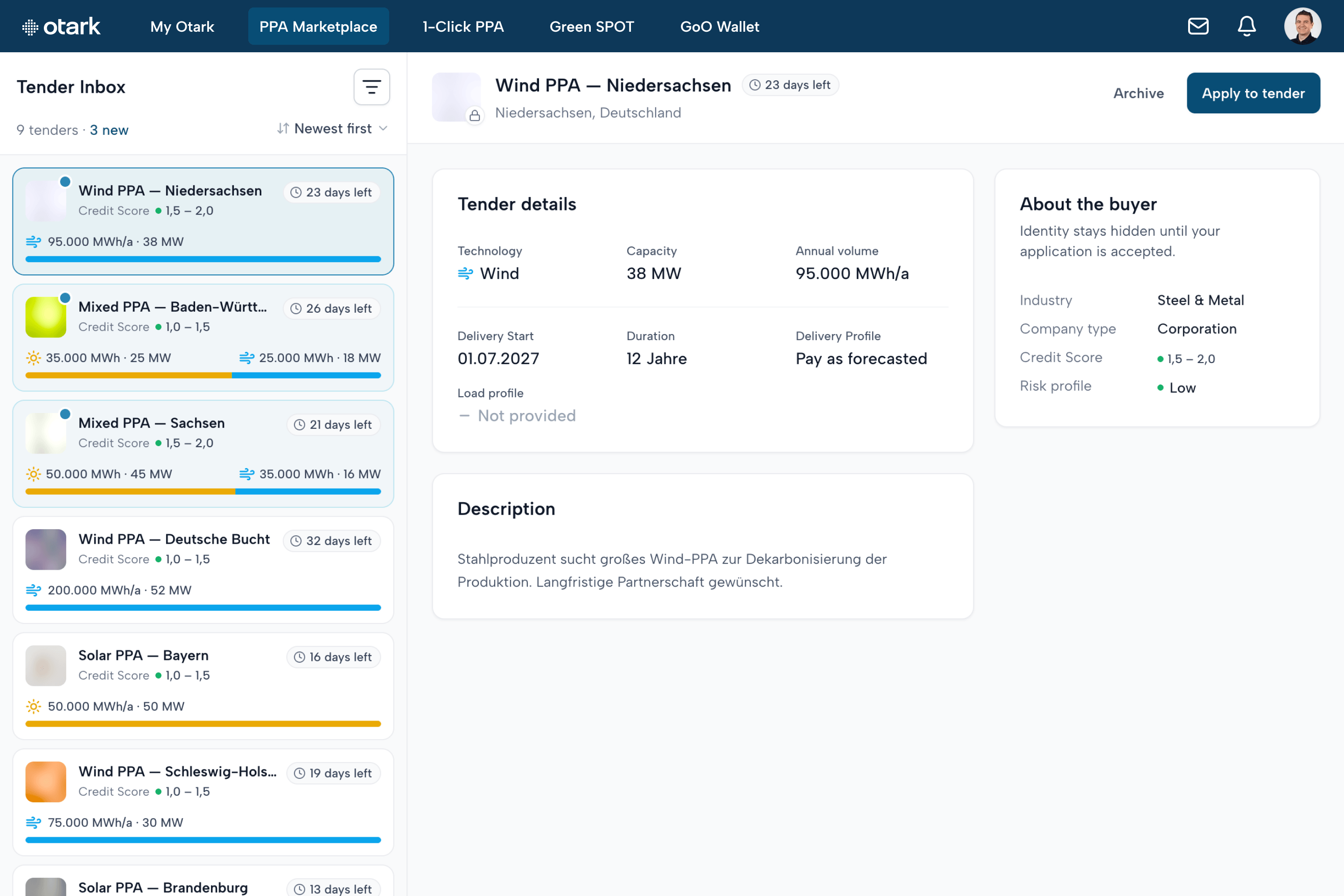 Otark: inbox of incoming buyer tenders with credit scores and contract details